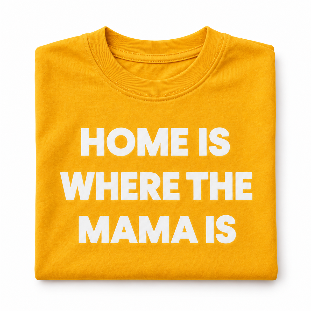 Home Is Where the Mama Is kids tee, radiant yellow folded studio detail — AI-rendered product image