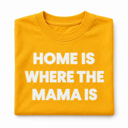Home Is Where the Mama Is kids tee, radiant yellow folded studio detail — AI-rendered product image