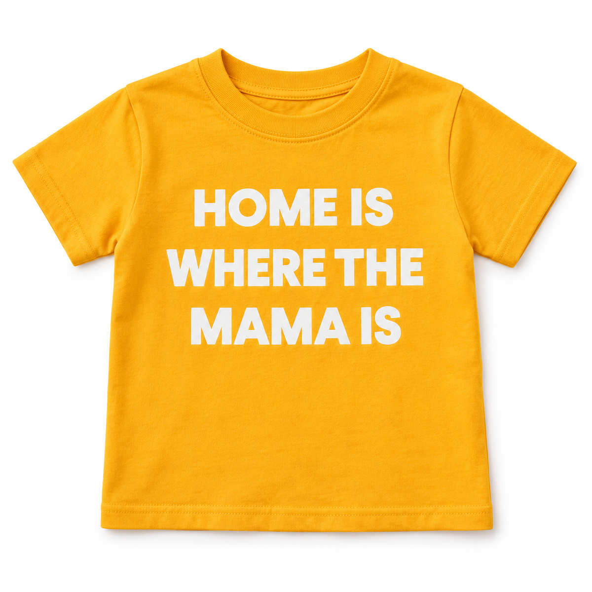 Radiant Yellow Home Is Where the Mama Is kids crewneck tee, front studio rendering on white