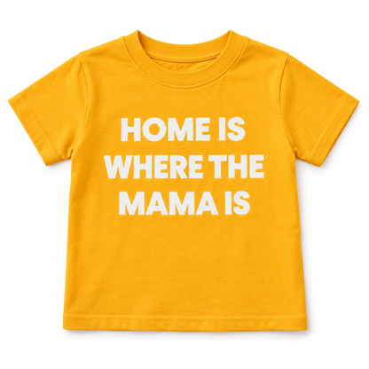 Radiant Yellow Home Is Where the Mama Is kids crewneck tee, front studio rendering on white