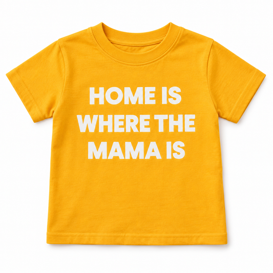 Radiant Yellow Home Is Where the Mama Is kids crewneck tee, front studio rendering on white