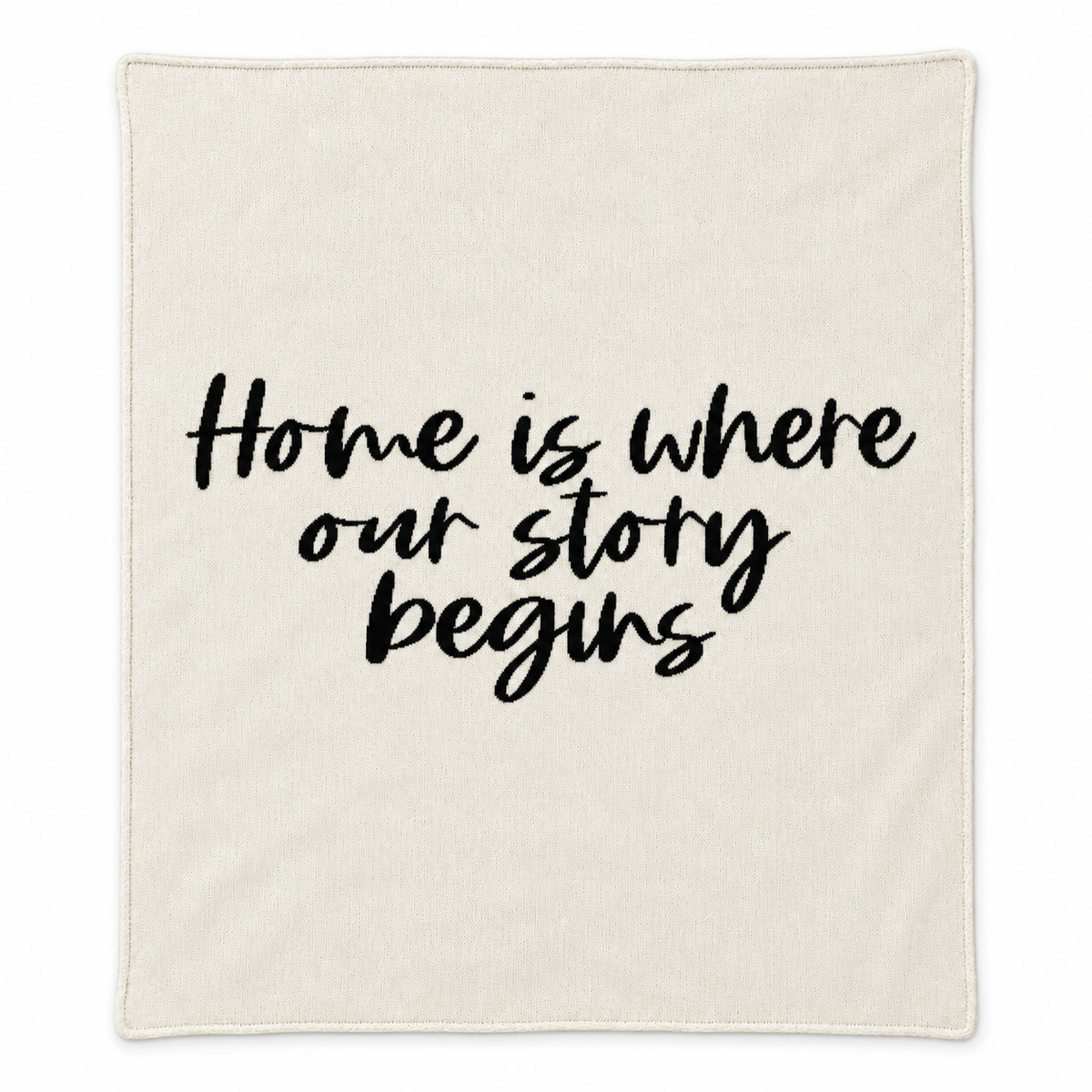 Home Is Where Our Story Begins knit throw in Natural, full studio view.
