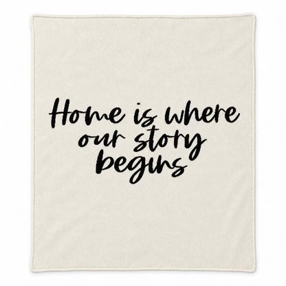 Home Is Where Our Story Begins knit throw in Natural, full studio view.