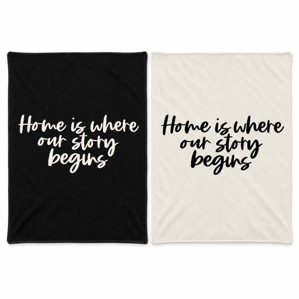 Home Is Where Our Story Begins knit throws in Black and Natural at equal scale. One blanket per purchase.
