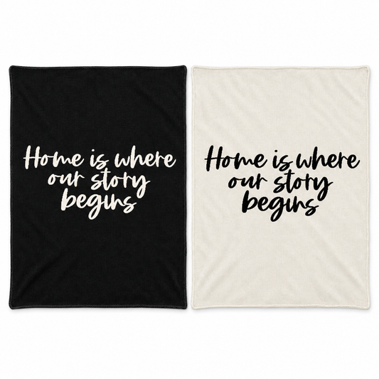 Home Is Where Our Story Begins knit throws in Black and Natural at equal scale. One blanket per purchase.