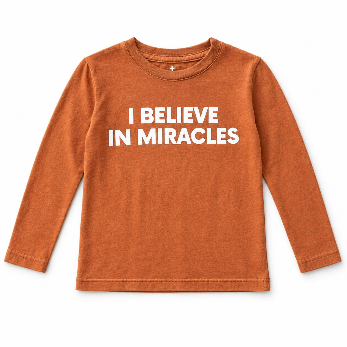 Sunburn I Believe in Miracles kids long-sleeve tee, front studio flat lay.