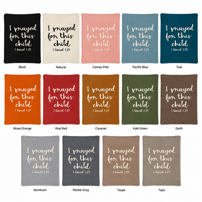 I Prayed for This Child blanket in all 14 documented colorways, shown at matching scale. One blanket per purchase; availability varies by size.