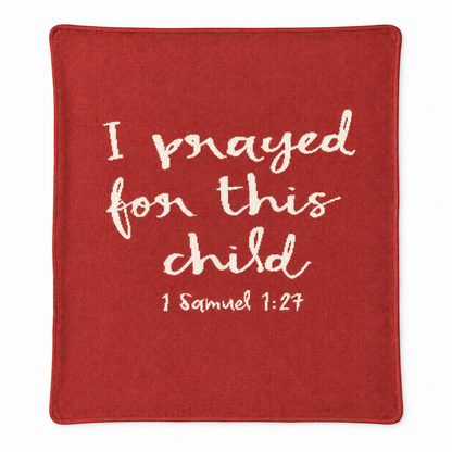 I Prayed for This Child knit blanket in Rust Red, centered full-front studio view on white.