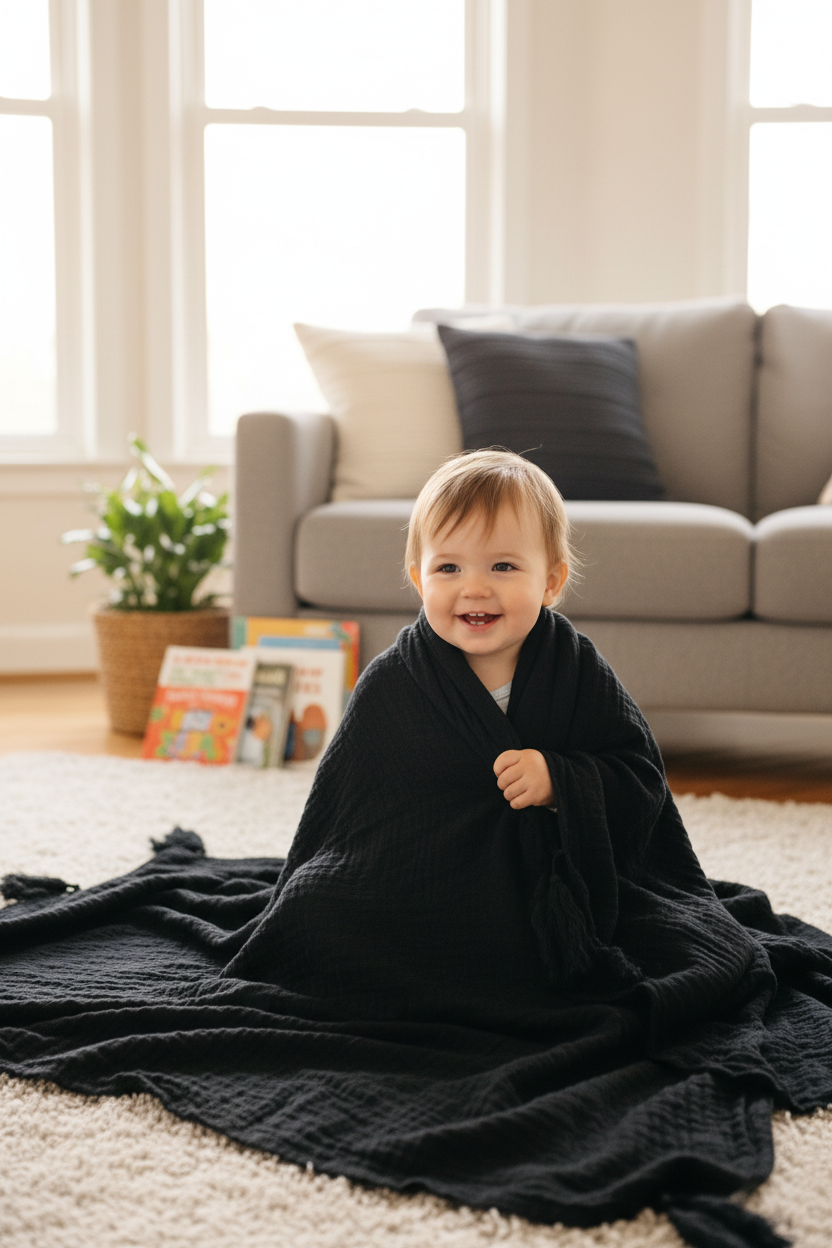 Organic Muslin XL Throw Blanket | Onyx Tassels | GOTS Certified Organic Cotton Muslin