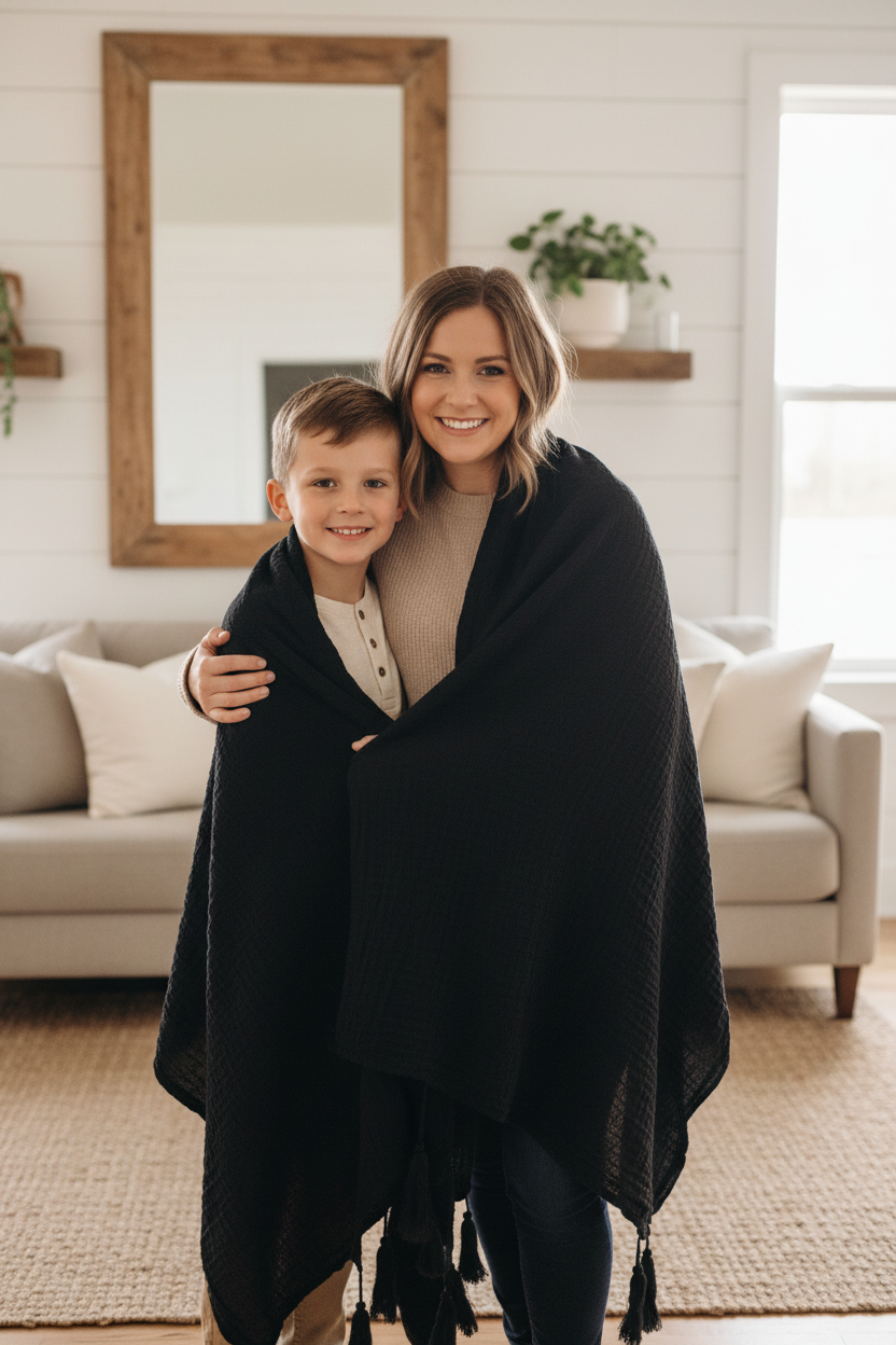 Organic Muslin XL Throw Blanket | Onyx Tassels | GOTS Certified Organic Cotton Muslin