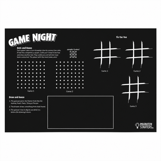 Game Night 12 x 17 chalkboard placemat by Imagination Starters on white.