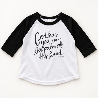 Isaiah 49:16 black and white kids raglan tee, front studio view