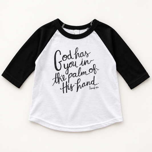 Isaiah 49:16 black and white kids raglan tee, front studio view