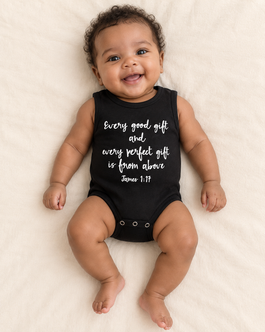Baby wearing a black sleeveless tank bodysuit with the white James 1:17 scripture design; AI-styled product image.