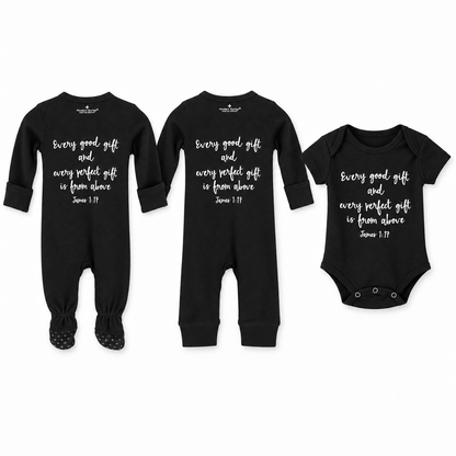 James 1:17 coordinating button footie back, footless coverall back, and short sleeve bodysuit front. Each piece sold separately.