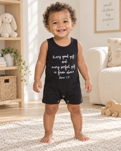 AI-styled toddler wearing the black James 1:17 tank romper, showing the front lettering and short-leg fit.