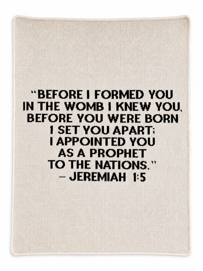 Jeremiah 1:5 Block Lettering blanket in Natural — full studio flat lay