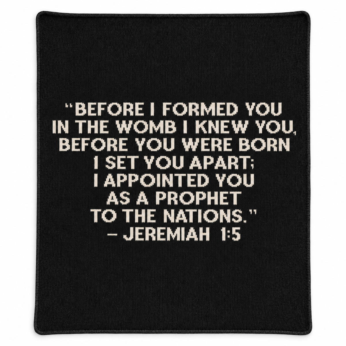 Jeremiah 1:5 Recycled Cotton Throw Blanket | Block Lettering in Black, full-front studio view on white.