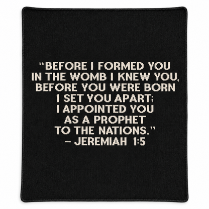 Jeremiah 1:5 Recycled Cotton Throw Blanket | Block Lettering in Black, full-front studio view on white.