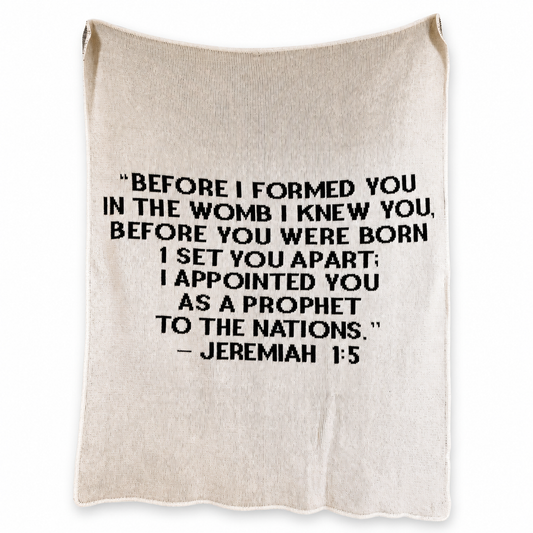 Jeremiah 1:5 Recycled Cotton Throw Blanket | Block Lettering — Natural color, full blanket view showing the original knitted design and finished edges.