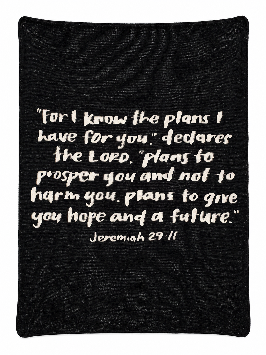 Black Jeremiah 29:11 knit blanket, centered full studio view on white.