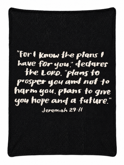 Black Jeremiah 29:11 knit blanket, centered full studio view on white.