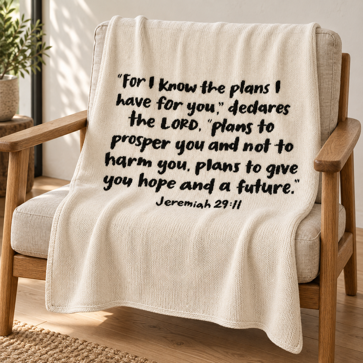Natural Jeremiah 29:11 cotton knit blanket draped over an oak reading chair.