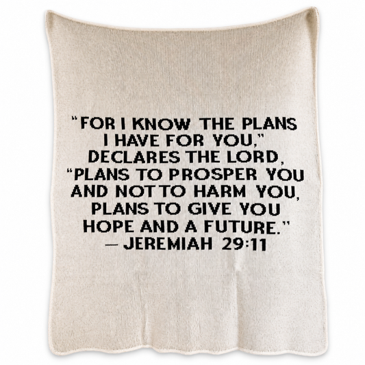 Jeremiah 29:11 Recycled Cotton Throw Blanket | Block Lettering — Natural color, full blanket view showing the original knitted design and finished edges.