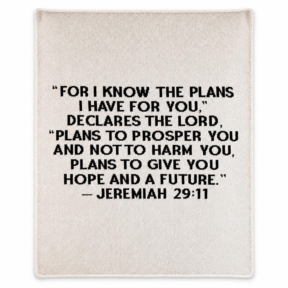 Jeremiah 29:11 Recycled Cotton Throw Blanket | Block Lettering, full-front studio view on white.