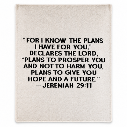 Jeremiah 29:11 Recycled Cotton Throw Blanket | Block Lettering, full-front studio view on white.