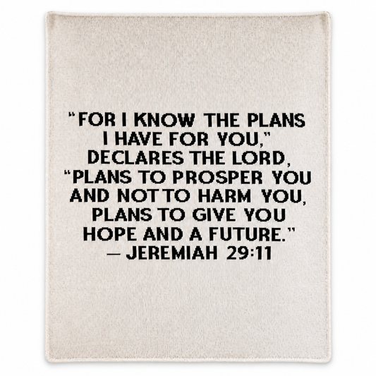 Jeremiah 29:11 Recycled Cotton Throw Blanket | Block Lettering, full-front studio view on white.