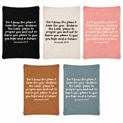 Jeremiah 29:11 blankets in Black, Natural, Cameo Pink, Caramel and muted Pacific Blue.