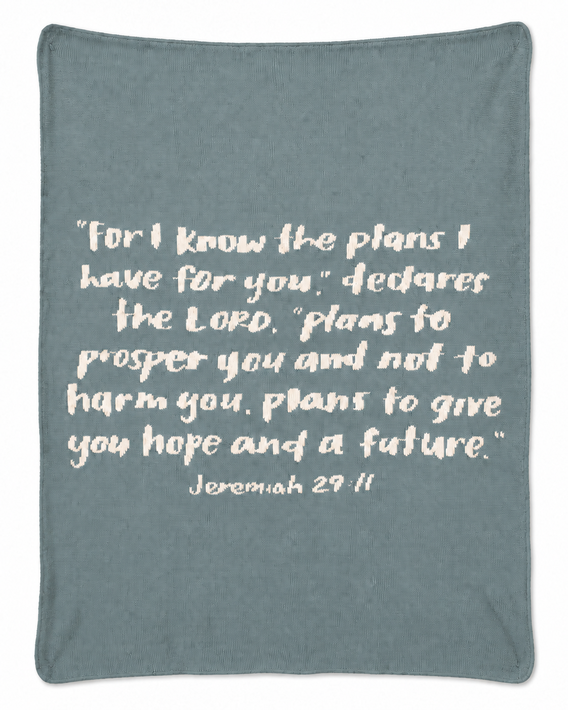 Pacific Blue Jeremiah 29:11 knit blanket in muted blue-green, full studio view.
