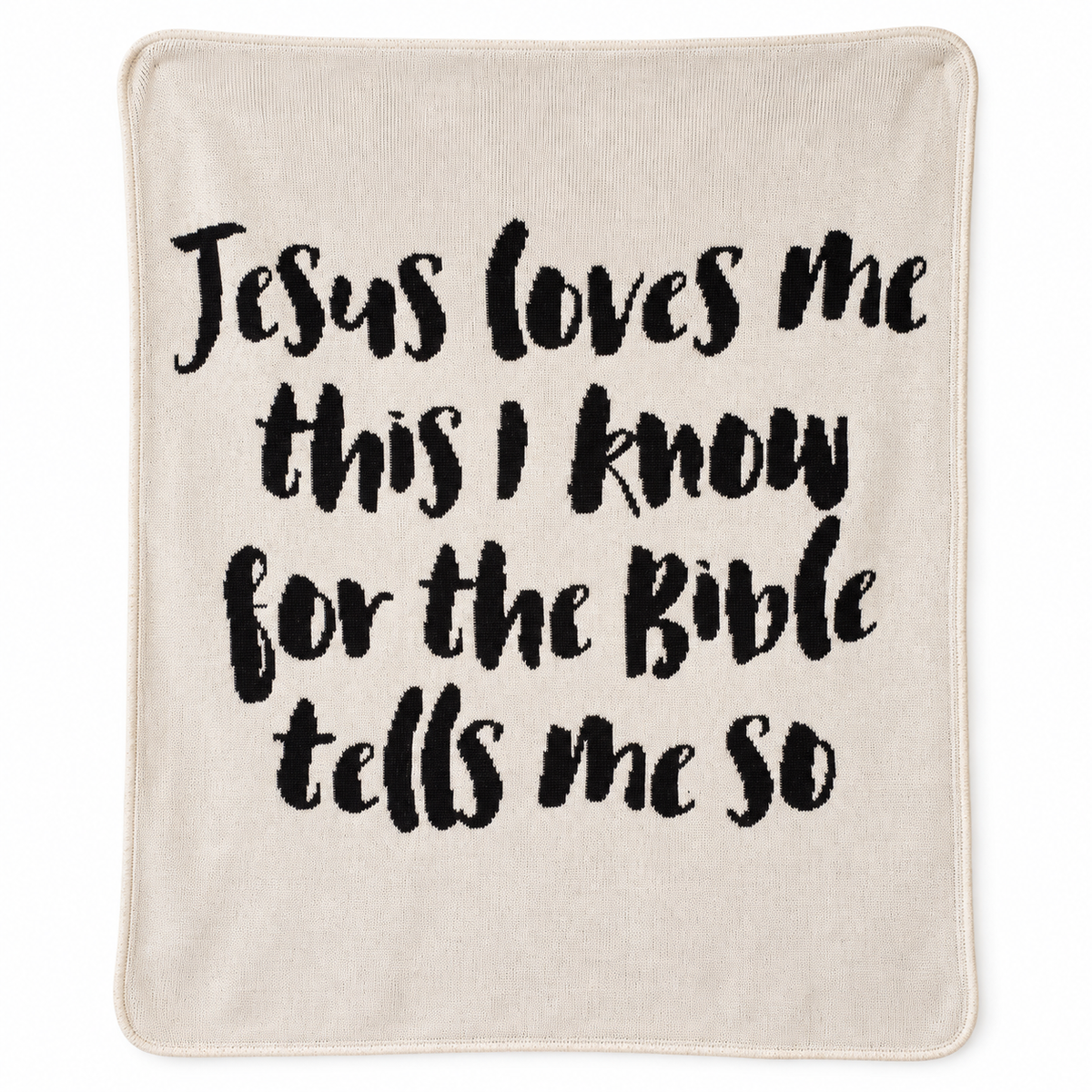 Jesus Loves Me Classic knit throw in Natural, showing the complete black lettering and blanket edges on white.