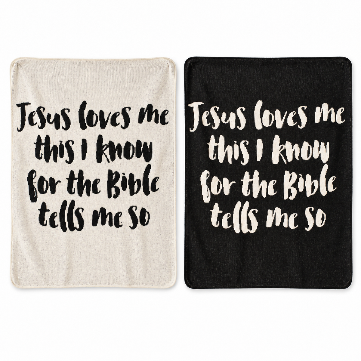 Jesus Loves Me Classic knit throw in Natural and Black, shown side by side. Each color sold separately.