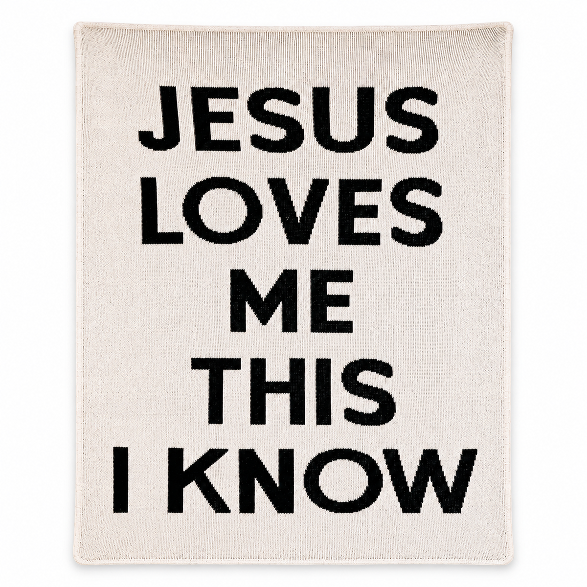 Jesus Loves Me Recycled Cotton Throw Blanket | Block Lettering, full-front studio view on white.
