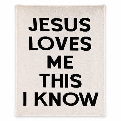 Jesus Loves Me Recycled Cotton Throw Blanket | Block Lettering, full-front studio view on white.