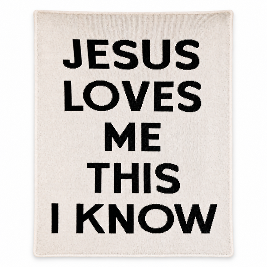 Jesus Loves Me Recycled Cotton Throw Blanket | Block Lettering, full-front studio view on white.