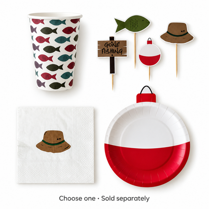 Josi James fishing party collection: cups, cupcake toppers, napkins and bobber plates. Choose one; sold separately.