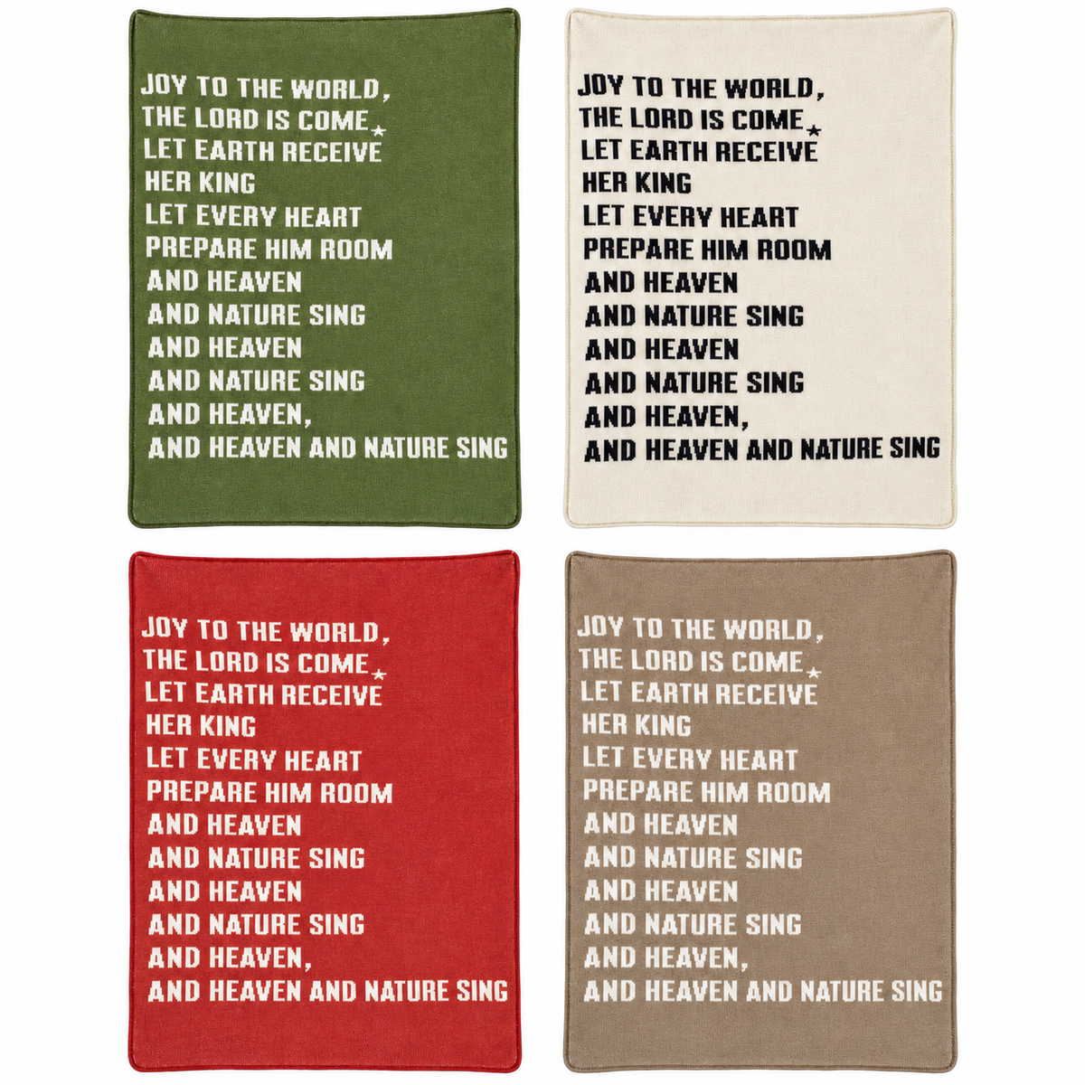 Joy to the World knit throw in Kaki Green, Natural, Rust Red and Taupe, shown together. Each color sold separately.