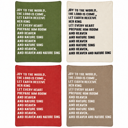 Joy to the World knit throw in Kaki Green, Natural, Rust Red and Taupe, shown together. Each color sold separately.