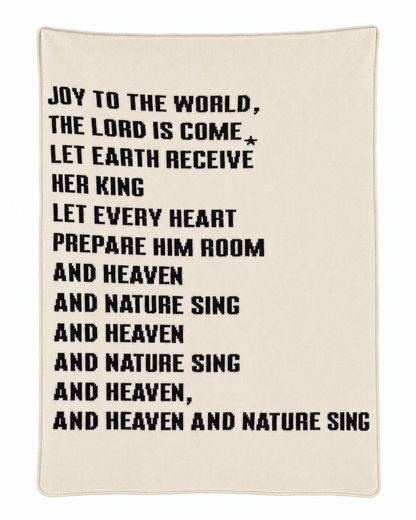 Joy to the World recycled cotton blanket in Natural, full design on white.