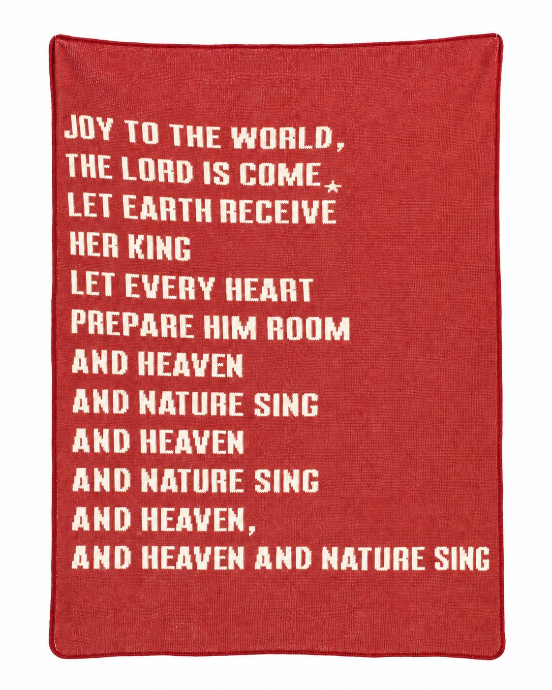 Joy to the World recycled cotton blanket in Rust Red, full design on white.