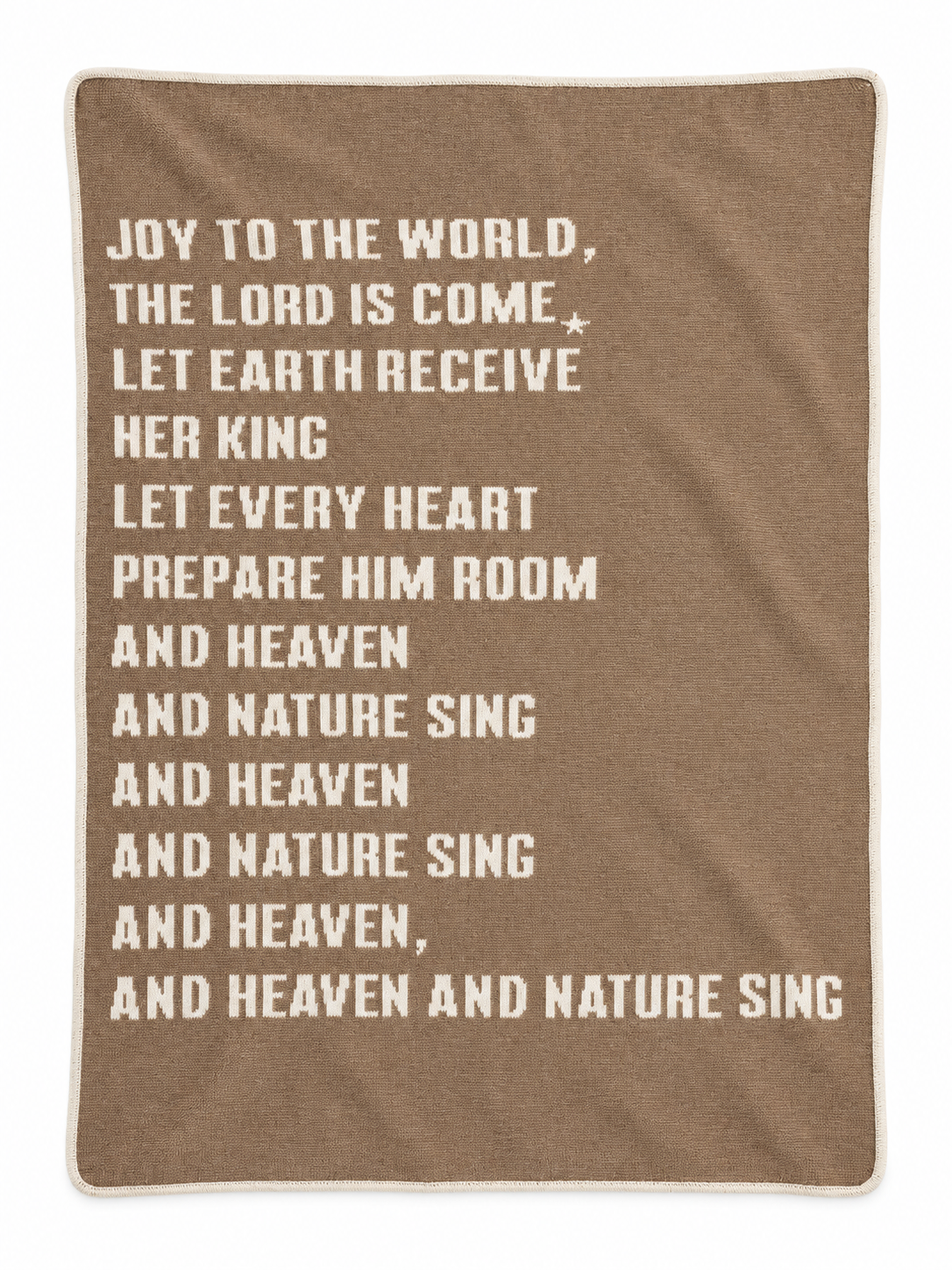 Joy to the World knit throw in Taupe, full blanket studio view with ivory lettering.