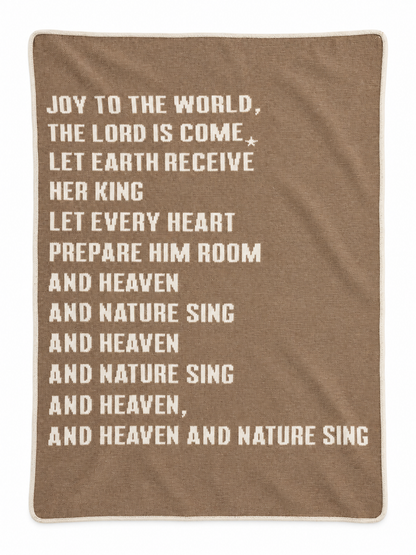 Joy to the World knit throw in Taupe, full blanket studio view with ivory lettering.