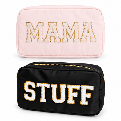 Mama beige and Stuff black large makeup bags with letter patches; sold individually, choose your style.
