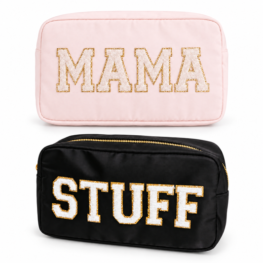Mama beige and Stuff black large makeup bags with letter patches; sold individually, choose your style.
