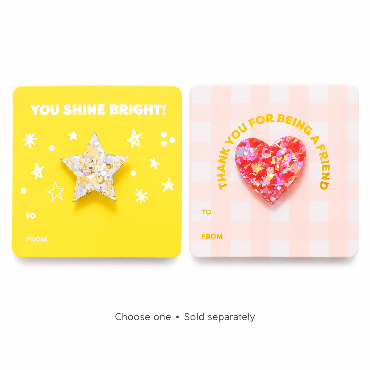 Confetti Pin Cards | Heart + Star — all options shown; choose one, sold separately.