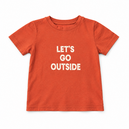Let's Go Outside kids tee, orange cotton with small crew neckline and sewn hems