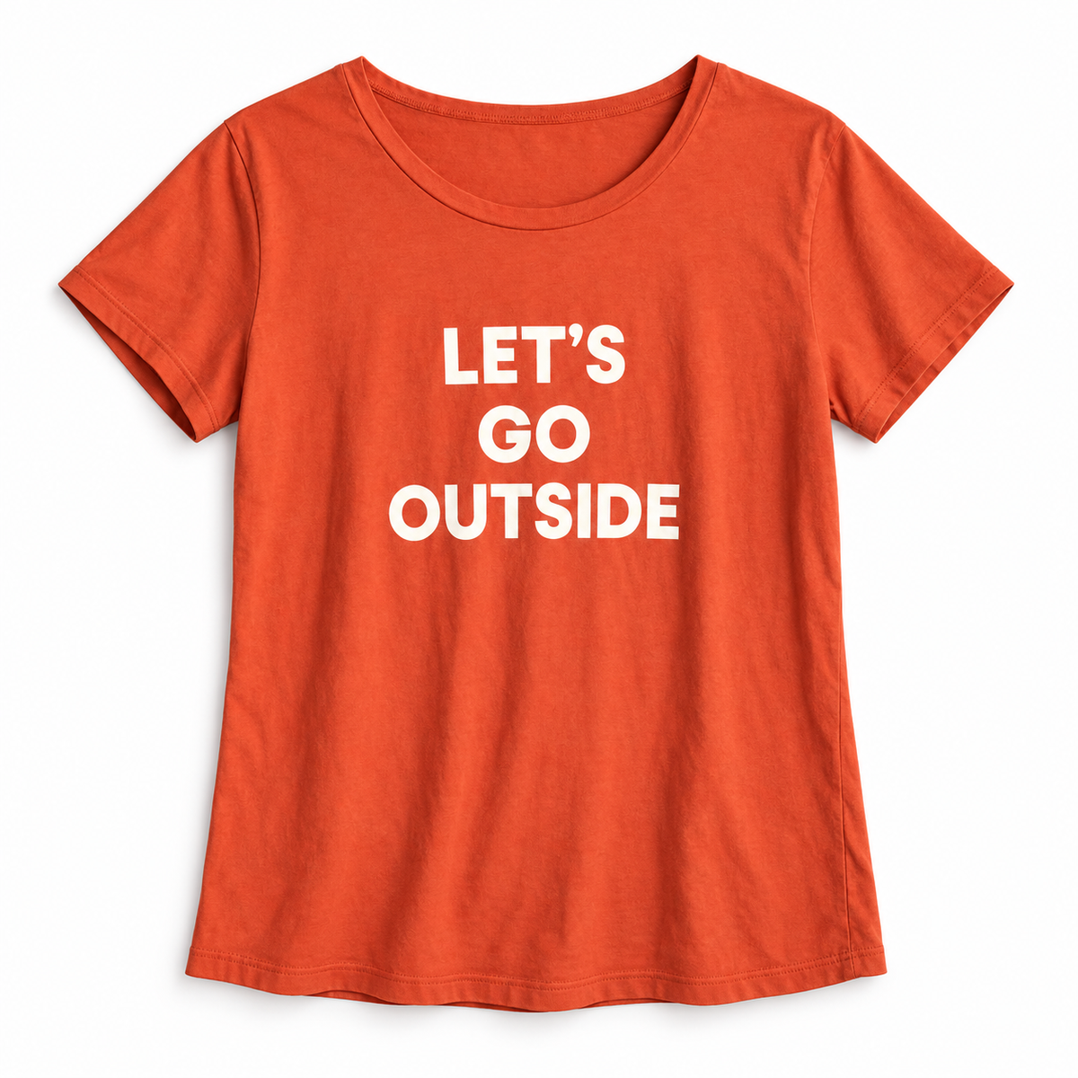 Let's Go Outside orange women's tee, full front studio view with sewn sleeve hems